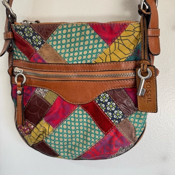 Vintage Fossil Leather Patchwork Boho Retro Mod Purse Crossbody Shoulder Bag - Picture 3 of 13